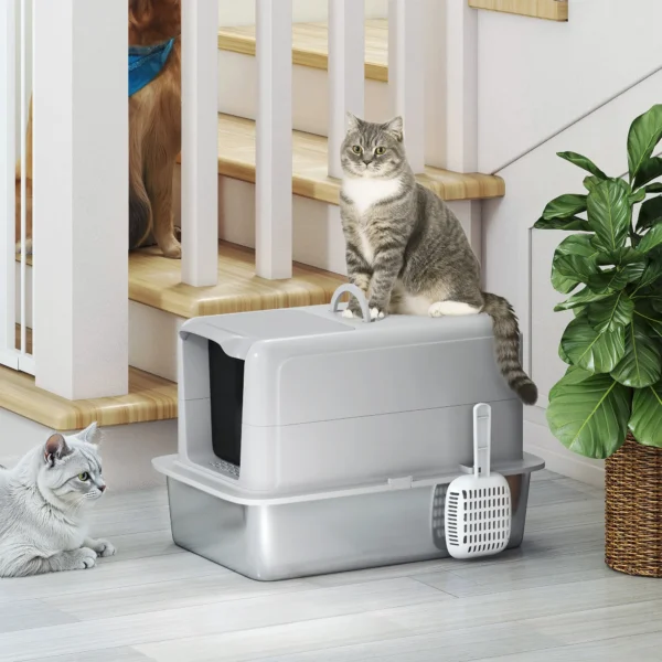 Kattenbak, bak van roestvrij staal, filter, schep, voor katten tot 6 kg, 40,5 x 60,5 x 41,5 cm, grijs/zilver 9