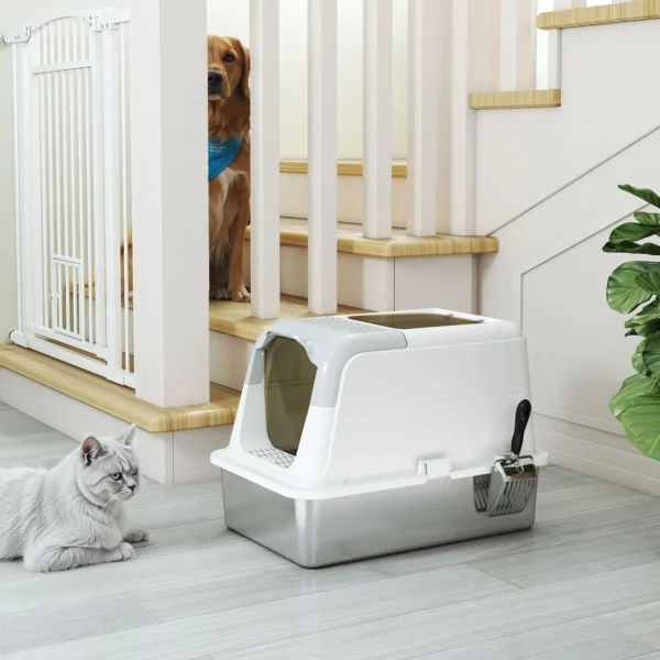 Kattenbak, kattentoilet met deksel, kattenbak schep, voorste ingang en bovenste uitgang roestvrij staal tot 15 kg 10
