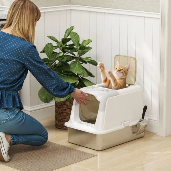 Kattenbak, kattentoilet met deksel, kattenbak schep, voorste ingang en bovenste uitgang roestvrij staal tot 15 kg 2