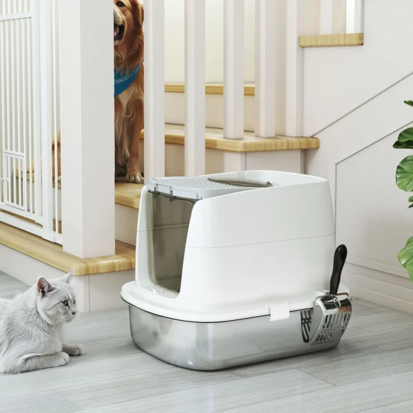 Kattenbak van roestvrij staal, gesloten kattenbak met schep, geurzakje, in en uitgang 10
