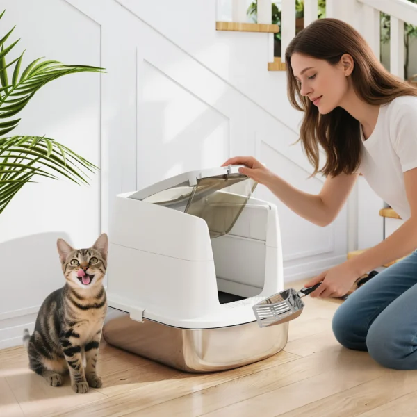 Kattenbak van roestvrij staal, gesloten kattenbak met schep, geurzakje, in en uitgang 2