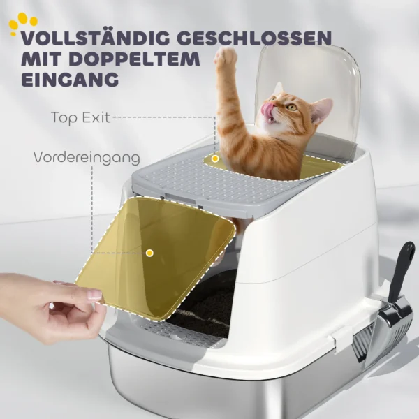 Kattenbak van roestvrij staal, gesloten kattenbak met schep, geurzakje, in en uitgang 6