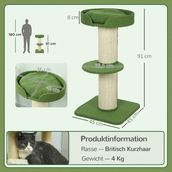 Kattenboom 91cm speelboom met kattenbed, platform lamswol groen 4