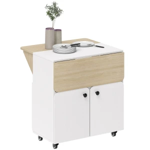 Klaptafel rolkast, twee opklapbare tafelzijden, kastvak, 4 wielen, wit+natuurhout, 70 x 83 x 75cm 1