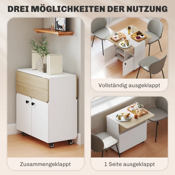Klaptafel rolkast, twee opklapbare tafelzijden, kastvak, 4 wielen, wit+natuurhout, 70 x 83 x 75cm 5