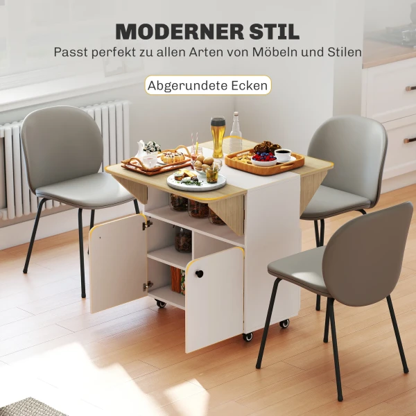 Klaptafel rolkast, twee opklapbare tafelzijden, kastvak, 4 wielen, wit+natuurhout, 70 x 83 x 75cm 6