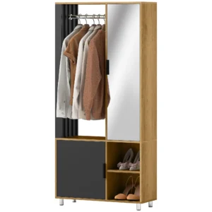 Kledingkast met spiegel en hangstang, opbergvakken, open planken, natuurhout, zwart 1