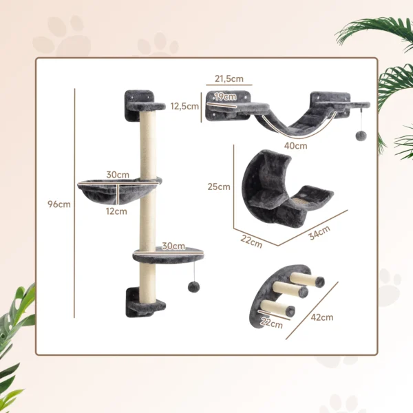 Klimmuur voor katten 4 delig katten klimmuur set met hangmat, kattenbrug tot 5 kg, donkergrijs 4
