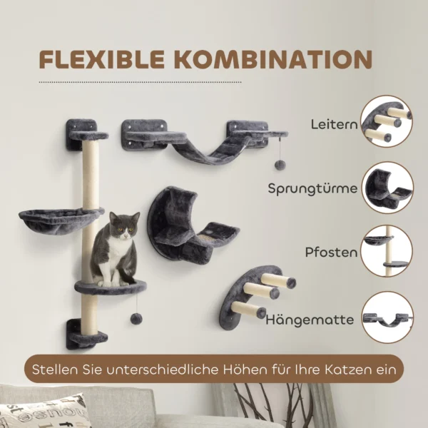 Klimmuur voor katten 4 delig katten klimmuur set met hangmat, kattenbrug tot 5 kg, donkergrijs 6
