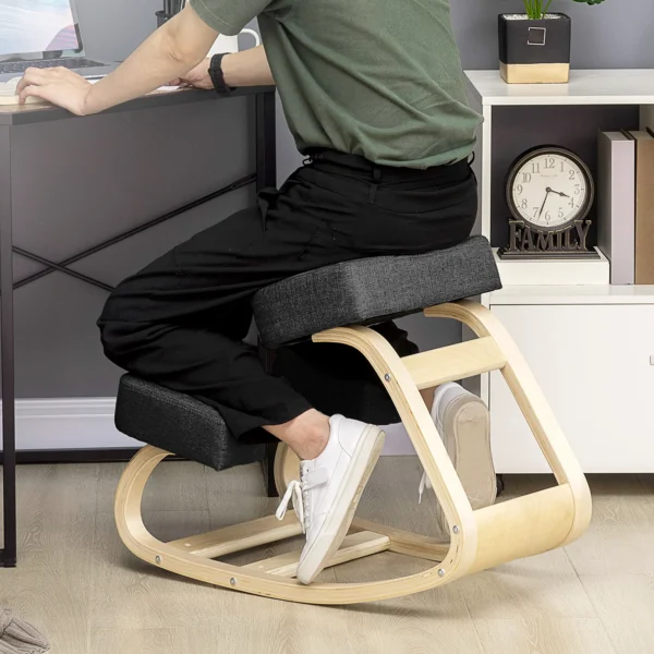Kniestoel, ergonomische zithocker, gestoffeerde hocker voor gezonde zithouding, berkenhout, belastbaar tot 120 kg, zwart 2
