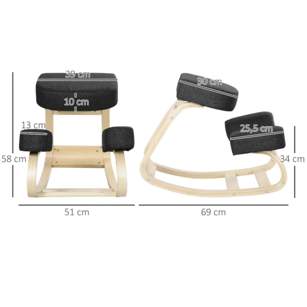 Kniestoel, ergonomische zithocker, gestoffeerde hocker voor gezonde zithouding, berkenhout, belastbaar tot 120 kg, zwart 4