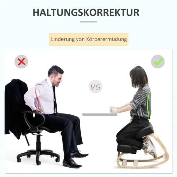 Kniestoel, ergonomische zithocker, gestoffeerde hocker voor gezonde zithouding, berkenhout, belastbaar tot 120 kg, zwart 5