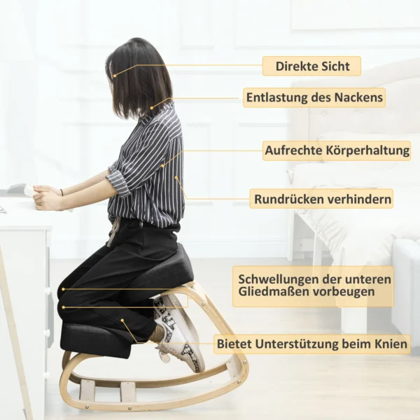 Kniestoel, ergonomische zithocker, gestoffeerde hocker voor gezonde zithouding, berkenhout, belastbaar tot 120 kg, zwart 6