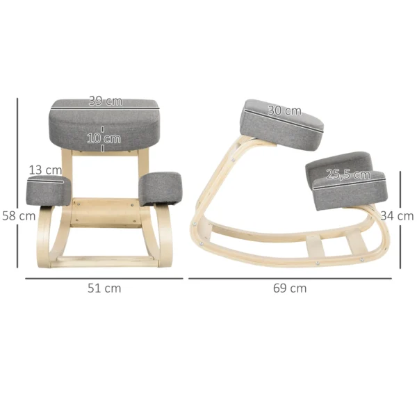Kniestoel, ergonomische zithocker, gestoffeerde kruk voor gezonde zithouding, berkenhout, belastbaar tot 120 kg, grijs 4