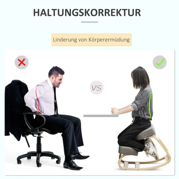 Kniestoel, ergonomische zithocker, gestoffeerde kruk voor gezonde zithouding, berkenhout, belastbaar tot 120 kg, grijs 5