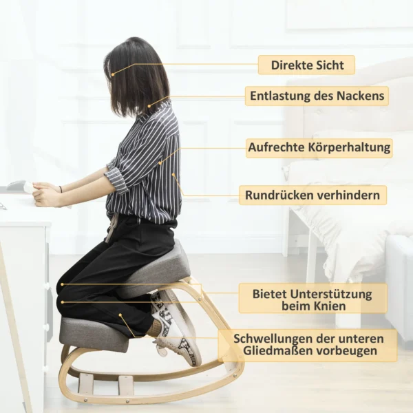 Kniestoel, ergonomische zithocker, gestoffeerde kruk voor gezonde zithouding, berkenhout, belastbaar tot 120 kg, grijs 6