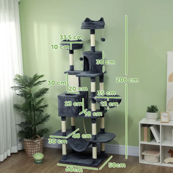 Krabpaal 206 cm kattentoren met hol, 2 speelballen, sisalstammen, platform voor grote katten, donkergrijs 4