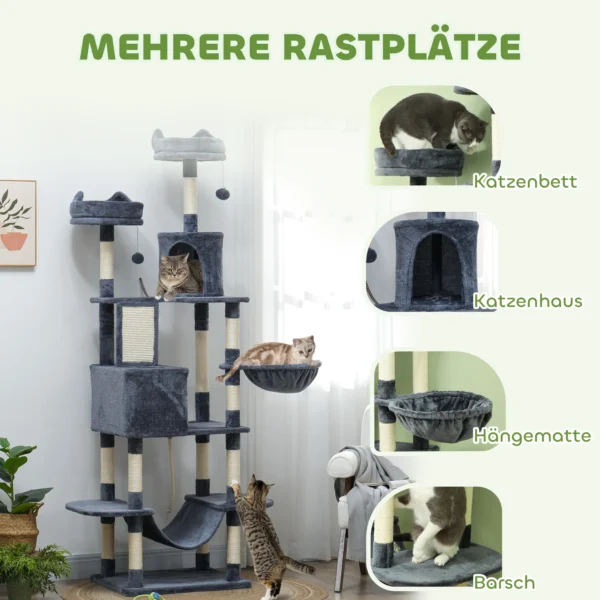 Krabpaal 206 cm kattentoren met hol, 2 speelballen, sisalstammen, platform voor grote katten, donkergrijs 5