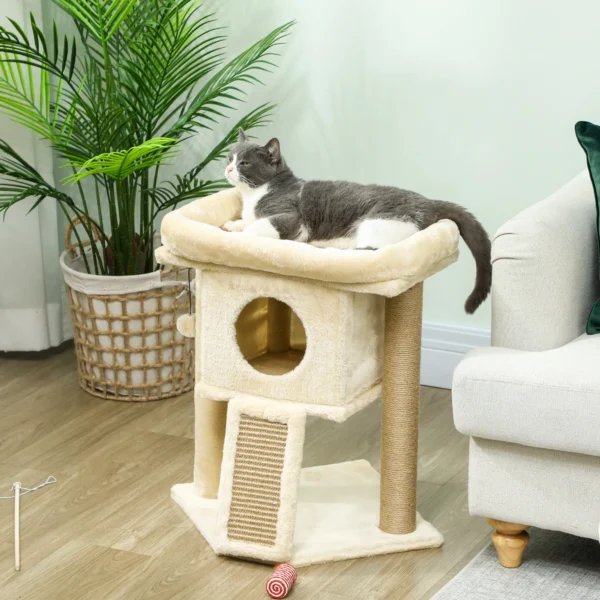 Krabpaal met jute krabmat, ligplatform, speelbal, kattenhuis, beige, 40 x 40 x 57 cm 2