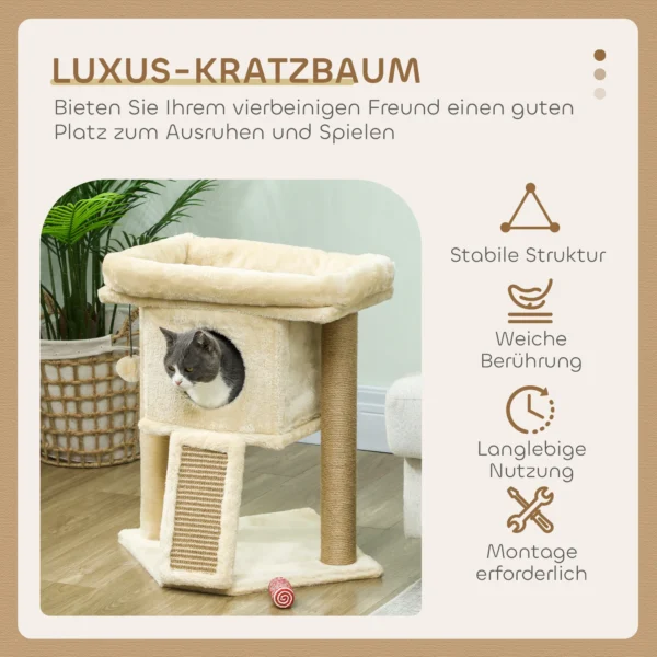 Krabpaal met jute krabmat, ligplatform, speelbal, kattenhuis, beige, 40 x 40 x 57 cm 5