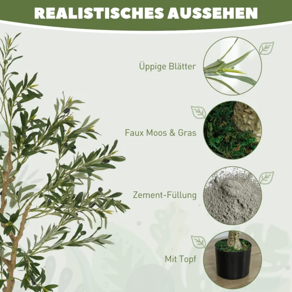 Kunstplant, kunstmatige olijfboom, 150 cm, 720 bladeren, 40 olijven, stabiele bloempot, decoratieplant, groen 5