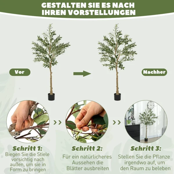 Kunstplant, kunstmatige olijfboom, 150 cm, 720 bladeren, 40 olijven, stabiele bloempot, decoratieplant, groen 7