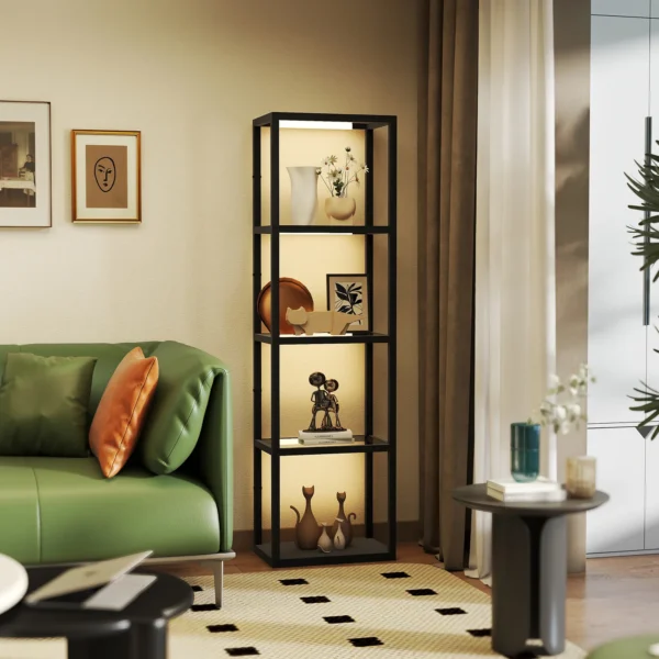 Led staande lamp met 4 laags rek, verlicht rek met 4 glazen vakken, voetschakelaar, mdf, zwart 2