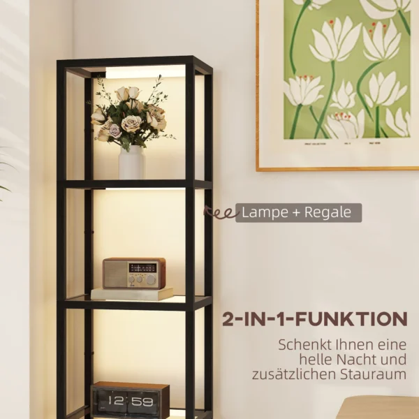 Led staande lamp met 4 laags rek, verlicht rek met 4 glazen vakken, voetschakelaar, mdf, zwart 5
