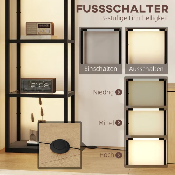 Led staande lamp met 4 laags rek, verlicht rek met 4 glazen vakken, voetschakelaar, mdf, zwart 6