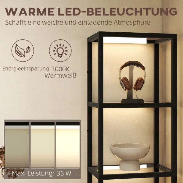 Led staande lamp met 4 laags rek, verlicht rek met 4 glazen vakken, voetschakelaar, mdf, zwart 7