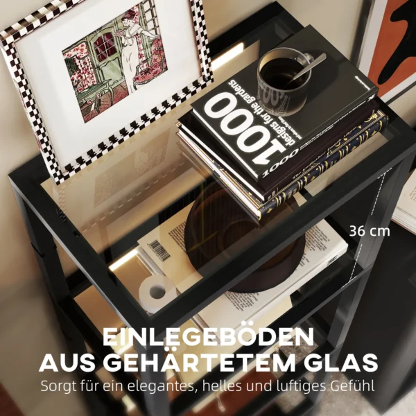 Led staande lamp met 4 laags rek, verlicht rek met 4 glazen vakken, voetschakelaar, mdf, zwart 8