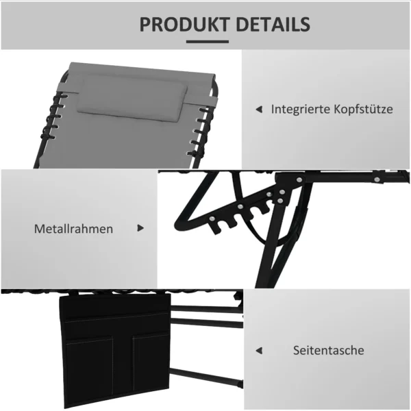 Ligstoel tuinstoel, inklapbaar, inclusief kussen, weerbestendig; 188 cm x 65 cm x 36 cm, grijs + zwart 6