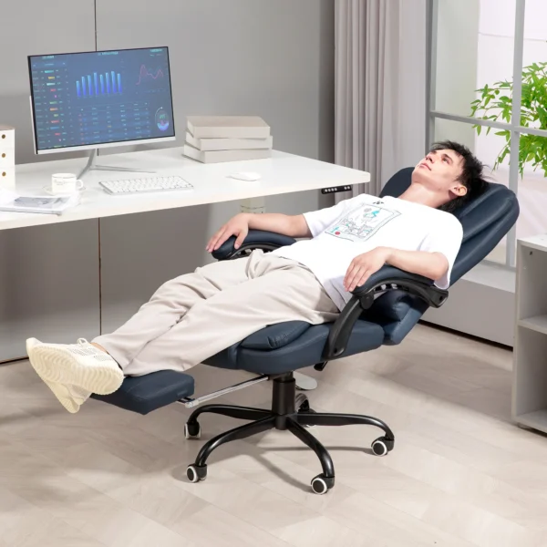 Massage bureaustoel, 7 vibratiepunten, verstelbare voetsteun & rugleuning, tot 120 kg, leerlook, blauw 2