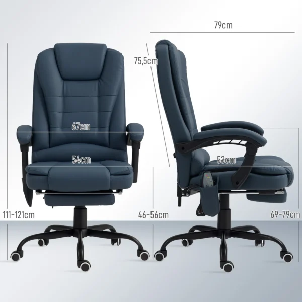 Massage bureaustoel, 7 vibratiepunten, verstelbare voetsteun & rugleuning, tot 120 kg, leerlook, blauw 4