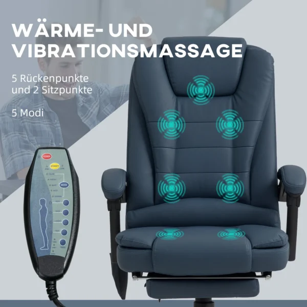 Massage bureaustoel, 7 vibratiepunten, verstelbare voetsteun & rugleuning, tot 120 kg, leerlook, blauw 5