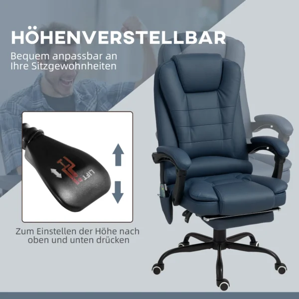 Massage bureaustoel, 7 vibratiepunten, verstelbare voetsteun & rugleuning, tot 120 kg, leerlook, blauw 7