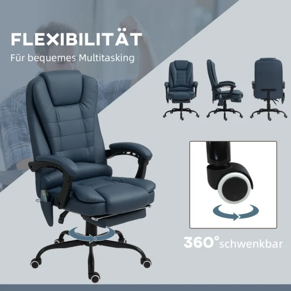 Massage bureaustoel, 7 vibratiepunten, verstelbare voetsteun & rugleuning, tot 120 kg, leerlook, blauw 8