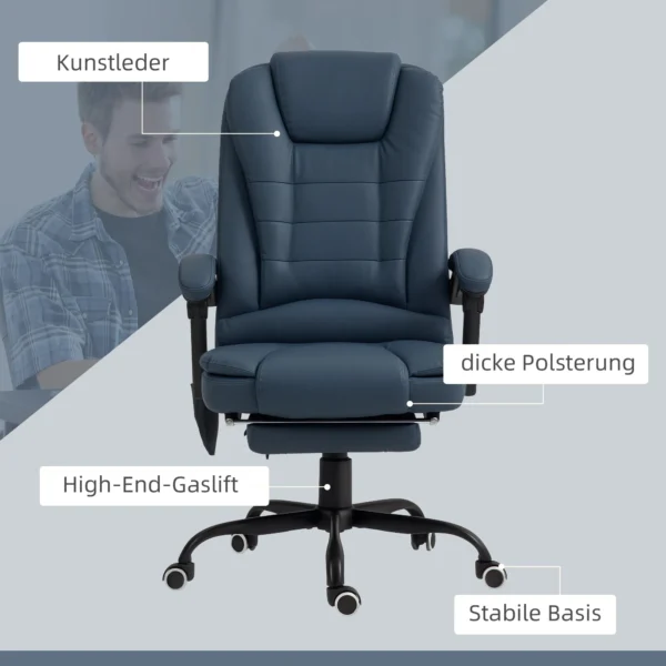 Massage bureaustoel, 7 vibratiepunten, verstelbare voetsteun & rugleuning, tot 120 kg, leerlook, blauw 9