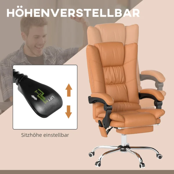 Massage bureaustoel, bureaustoel met verwarmingsfunctie, draaistoel, ligfunctie, in hoogte verstelbare pc stoel, lichtbruin 6