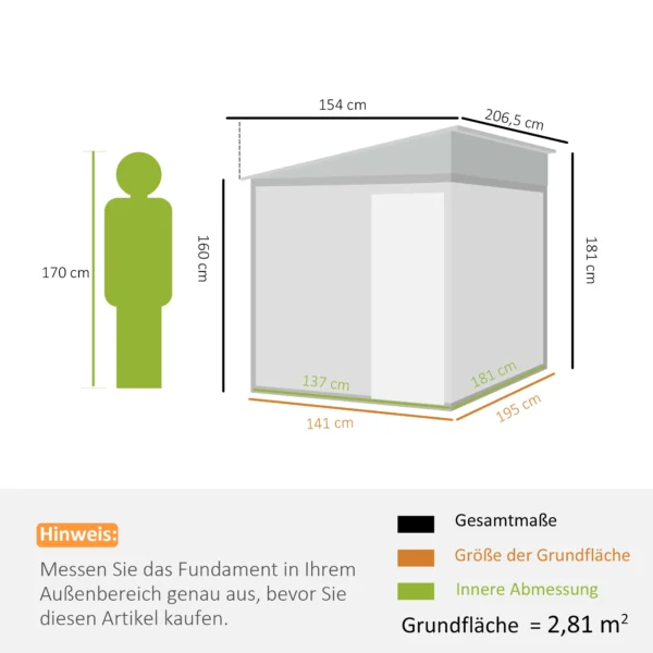 Metalen gereedschapshuis 2,81m² 154x206,5x181 cm gereedschapsschuur met lessenaarsdak fundament 4