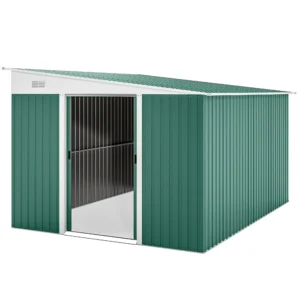 Metalen gereedschapsschuur met schuin dak, vergrendelbare dubbele deur 2,8 x 3,45 x 2,01m groen 1
