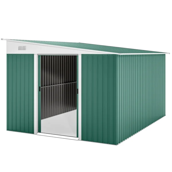 Metalen gereedschapsschuur met schuin dak, vergrendelbare dubbele deur 2,8 x 3,45 x 2,01m groen 1