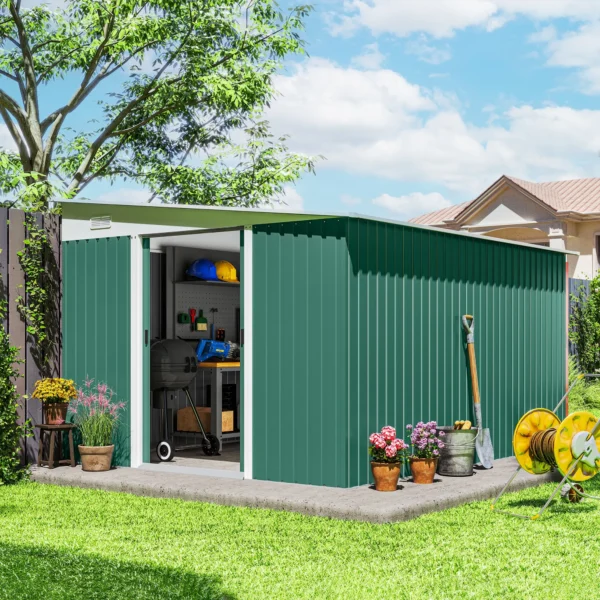 Metalen gereedschapsschuur met schuin dak, vergrendelbare dubbele deur 2,8 x 3,45 x 2,01m groen 2