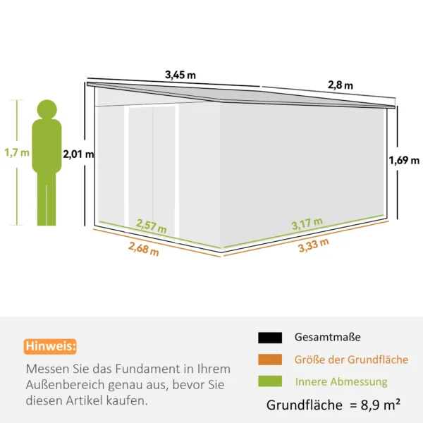 Metalen gereedschapsschuur met schuin dak, vergrendelbare dubbele deur 2,8 x 3,45 x 2,01m groen 4