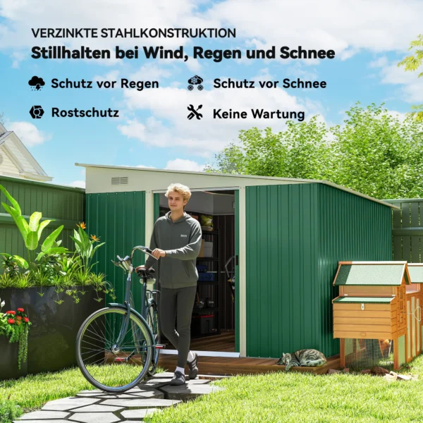 Metalen gereedschapsschuur met schuin dak, vergrendelbare dubbele deur 2,8 x 3,45 x 2,01m groen 5