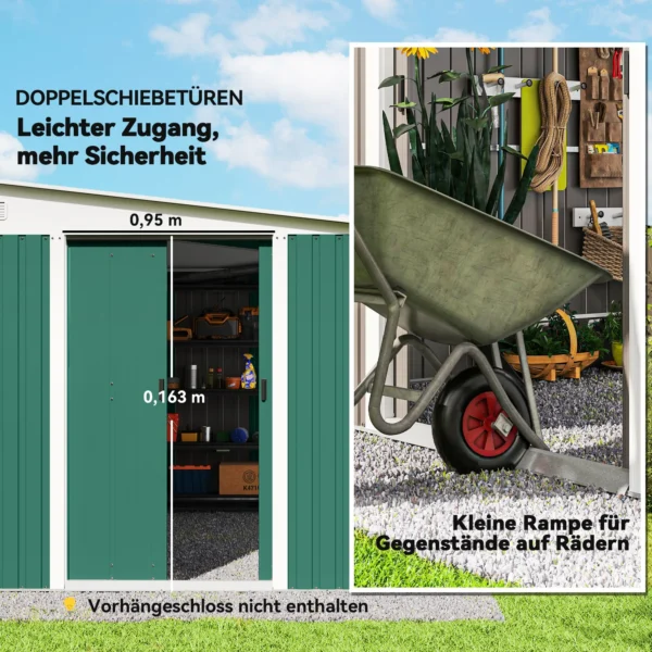 Metalen gereedschapsschuur met schuin dak, vergrendelbare dubbele deur 2,8 x 3,45 x 2,01m groen 6