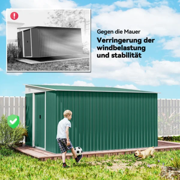 Metalen gereedschapsschuur met schuin dak, vergrendelbare dubbele deur 2,8 x 3,45 x 2,01m groen 7