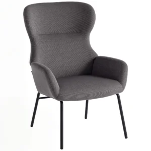 Moderne gestoffeerde stoel, hoge rugleuning, dikke bekleding, metalen poten, grijs 1
