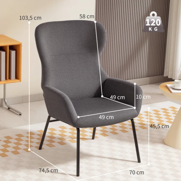 Moderne gestoffeerde stoel, hoge rugleuning, dikke bekleding, metalen poten, grijs 4