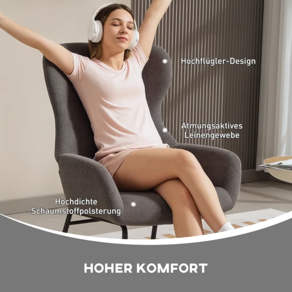 Moderne gestoffeerde stoel, hoge rugleuning, dikke bekleding, metalen poten, grijs 5